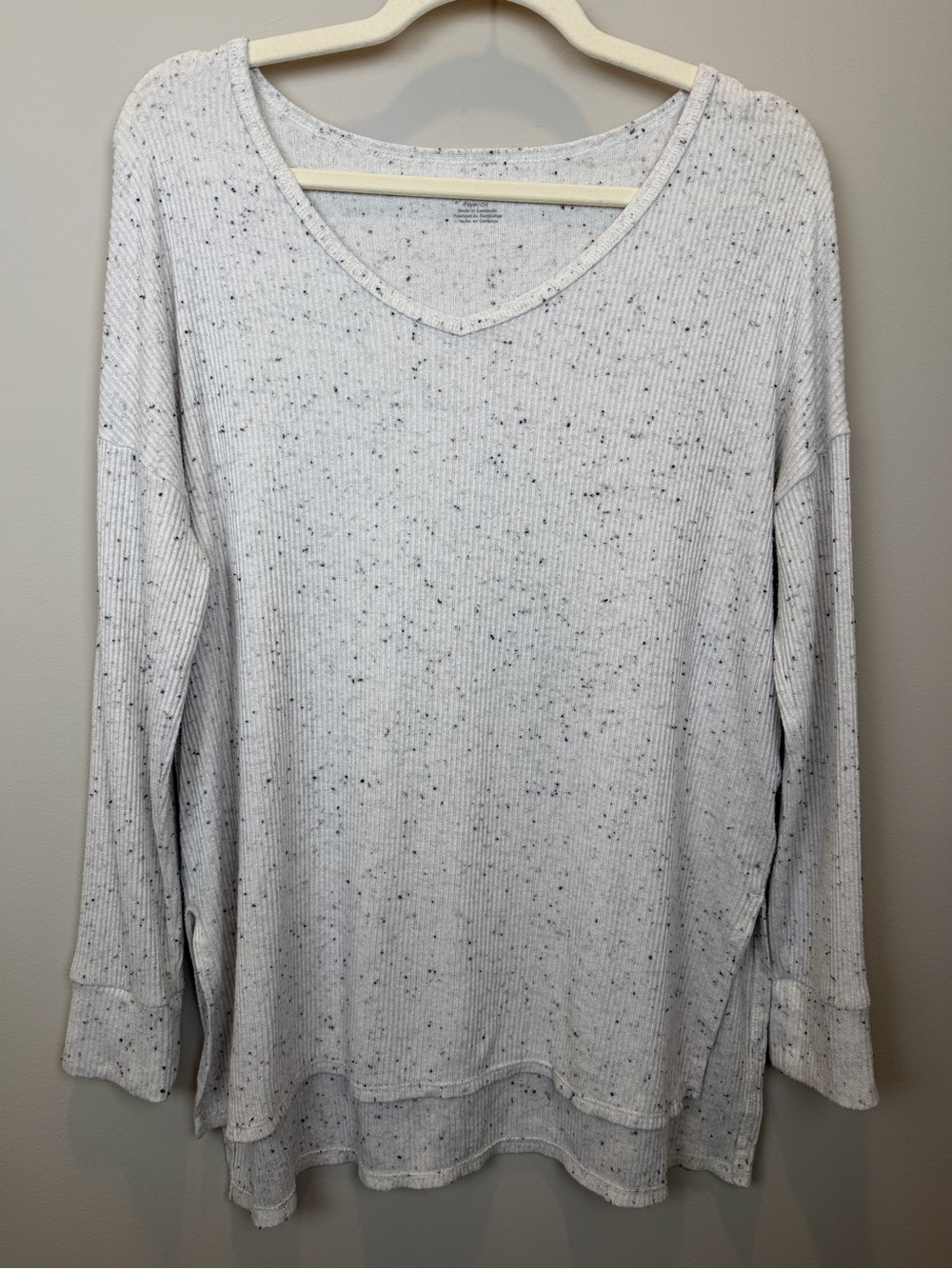 American Eagle Outfitters Light Gray Speckled V-Neck Long Sleeve Top